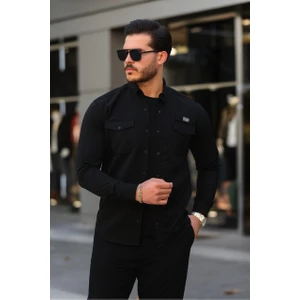 Erkek Cepli Paraşüt Kumaş Uzun Kol Dar Siyah Gömlek