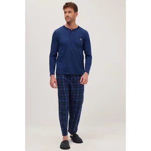 Erkek Regular Fit Pamuklu Düğmeli Yaka Beli Lastikli Desenli Indigo Pijama Takımı