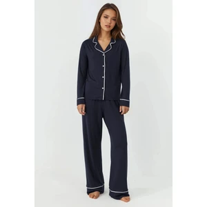Kadın Gömlek Yakal Ekstra Yumuşak Rahat Kesim Uzun Kollu Pijama Takımı Lacivert