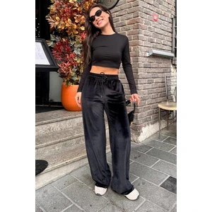 Koyu Siyah Bol Paça Kadife Pantolon MG2283