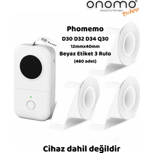 Techno Phomemo (3 Rulo) 12X40MM/480 Adet Beyaz Etiket D30/Q3