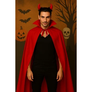 Cadılar Bayramı Kostümü Erkek | Yakalı Kırmızı Şeytan Pelerini + Küçük Boynuzlu Taç | 120 cm