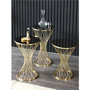 3'lü Kayzer Zigon Sehpa Seti Gold Ayak Siyah Cam