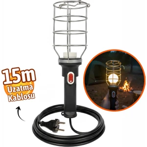 Siyah 15 mt Plastik Saplı Metal Koruma Kafesli Kablolu E27 Standart Duy Seyyar El Lambası
