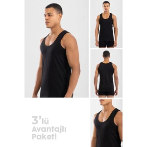 Erkek Pamuklu Klasik Regular Düz  Atlet 3'lü Paket Siyah