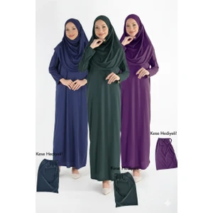 2133_TEK Parça Kaymaz Başörtülü Namaz Tesettür Elbisesi Boneye Son