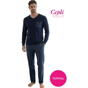 Erkek V Yaka Düğmesiz Göğüs Cepli Yumuşak Termal Bilek Manşetli Kışlık Uzun Kol Cepli Pijama Takımı
