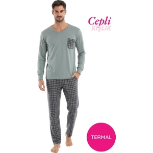 Erkek V Yaka Düğmesiz Göğüs Cepli Yumuşak Termal Bilek Manşetli Kışlık Uzun Kol Cepli Pijama Takımı