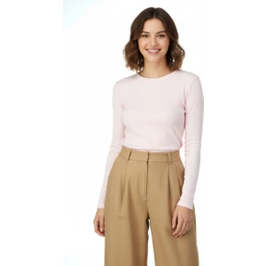 Kadın Bedene Oturan Likralı Pamuklu Kumaş Badi Düz Renk Yuvarlak Yaka Uzun Kollu Dar Kesim