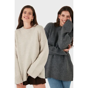 Regular Fit Bisiklet Yaka Basic 2'li Paket Triko Kazak Bayan Kazak 4616213S2