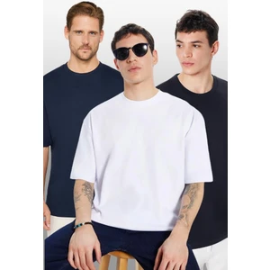 Unisex 3'lü Paket Lacivert-Beyaz-Siyah Oversize Geniş Kesim %100 Pamuk Basic Bisiklet Yaka Tişört