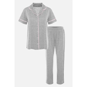 Kadın Kısa Kollu Gri Melanj Pudra Ara Biyeli Pijama Takımı