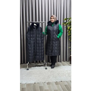 Elmas Tesettür Kadın Tesettür Büyük Beden Kapüşonlu Fermuarlı Kürklü Piramit Desen Şişme Kapitone Yelek