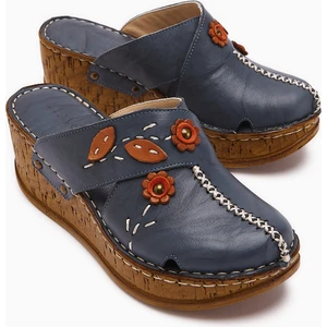 Hakiki Deri Alto Koyu Mavi Dolgu Terlik Eskitme Tabanlı Comfort Terlik