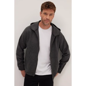 Erkek Relax Fit Rahat Kesim Fermuarlı Çift Cep Kapüşonlu Koyu Gri Ceket Gömlek