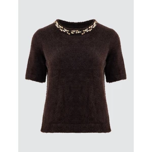 Jimmy Key Acı Kahve Kısa Kollu Işlemeli Yuvarlak Yaka Triko Kazak
