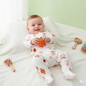 Kız Bebek Erkek Bebek Yenidoğan Pamuklu 0-6 Ay Elma Desenli Patikli Bebek Tulumu