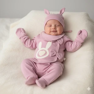 Kız Bebek Yenidoğan Hastane Çıkışı 1/6 Ay Aplikeli Tavşan 5'li Takım