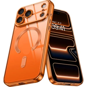 iphone 17 Pro Max Kılıf Tam Kamera Korumalı Magsafe Şarj Destekli Renkli Turuncu Kenarlı Arkası Şeffaf Kapak