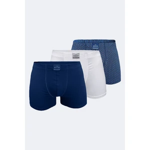 Erkek Desenli Beyaz Lacivert 3 Lü Pamuk Elastan Boxer 3M074
