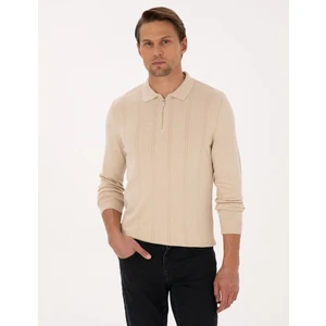 Pierre Cardin Erkek Bej Slim Fit Polo Yaka Fermuarlı Triko Kazak 50317398-VR011