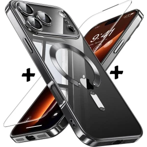 M.TK Moveteck iPhone 17 Pro Kılıf Magsafe Şarj Destekli Renkli Parlak Kenarlı Arkası Şeffaf Silikon + Ekran Koruyucu Cam Set 2in1