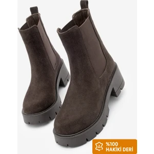 Kadın Hakiki Deri Çift Lastikli Acı Kahve Kalın Topuklu Günlük Bot Viper Kahve Süet