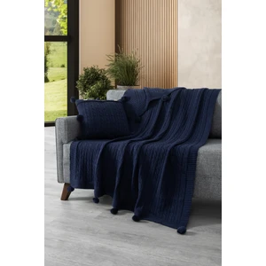 2'li Takım Triko Örme Kırlent Kılıfı & Tv Battaniyesi- Omuz & Koltuk Şalı Seti- Lacivert