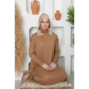 Boneli Şık Dantelli Tek Parça Kadın Tesettür Namaz Elbisesi