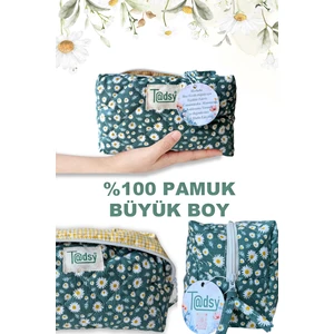 Papatya Desenli %100 Pamuk Makyaj ve Kozmetik Çantası | 22X12X10 cm | Seyahat Organizer