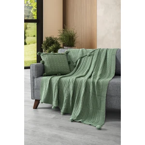 2'li Takım Ponponlu Triko Örme Kırlent Kılıfı & Tv Battaniyesi- Omuz & Koltuk Şalı Seti- Mint