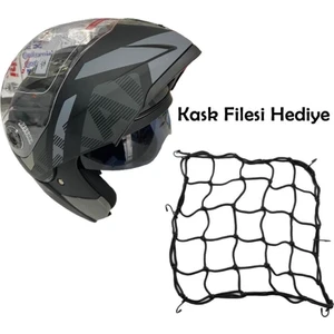 Çene Açılır Güneş Vizörlü Motosiklet Kaskı Gri Siyah L Beden Baş Çevresi: 59-60CM