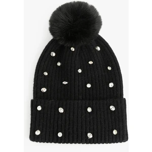 Suni Peluş Detaylı Taşlı Triko Bere