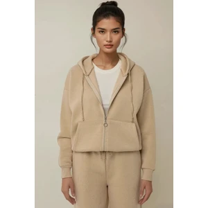 Kadın Oversize Fermuarlı Kapüşonlu Sweatshirt Natural