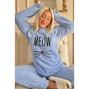 Pijama Evi Bebe Mavisi Meow Desenli Tam Peluş Pijama Takımı