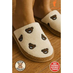 Ayıcık Nakışlı Pofuduk Ev Terliği Çeyizlik Terlik Kaymaz Taban Kışlık Kadın Ev Terlik