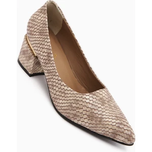 Emelia Hakiki Deri Bej Yılan Desenli Kadın Topuklu Ayakkabı