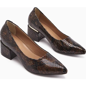 Emelia Hakiki Deri Kahve Yılan Desenli Kadın Topuklu Ayakkabı