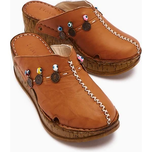 Hakiki Deri Annika Taba Antik Detaylı Dolgu Sabo Terlik