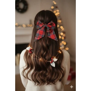 El Yapımı Kırmızı Ekoseli Yeni Model Fiyonk Toka, Kırmızı Yılbaşı Tokası, Sevgililer Günü Kadin Toka