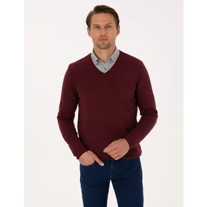 Pierre Cardin Erkek Koyu Bordo Slim Fit V Yaka Basic Triko Kazak 50314190-VR175