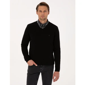 Pierre Cardin Erkek Siyah Slim Fit V Yaka Basic Triko Kazak 50314190-VR046