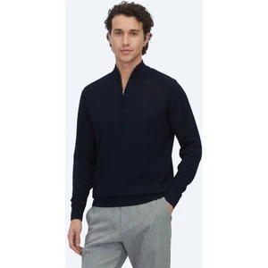 Lacivert Bato Yaka Jakarlı Yün Karışımlı Triko Kazak