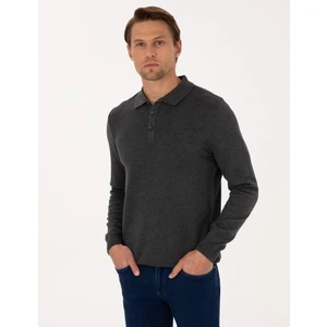 Pierre Cardin Erkek Antrasit Melanj Slim Fit Polo Yaka Düğmeli Triko Kazak 50318036-VR081