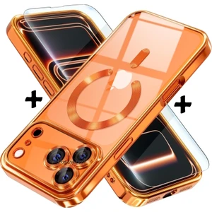 M.TK Moveteck iPhone 17 Pro Kılıf Magsafe Şarj Destekli Renkli Parlak Kenarlı Arkası Şeffaf Silikon + Ekran Koruyucu Cam Set 2in1