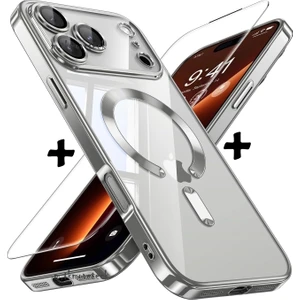 M.TK Moveteck iPhone 17 Pro Kılıf Magsafe Şarj Destekli Renkli Parlak Kenarlı Arkası Şeffaf Silikon + Ekran Koruyucu Cam Set 2in1