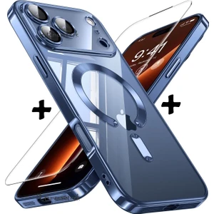 M.TK Moveteck iPhone 17 Pro Kılıf Magsafe Şarj Destekli Renkli Parlak Kenarlı Arkası Şeffaf Silikon + Ekran Koruyucu Cam Set 2in1