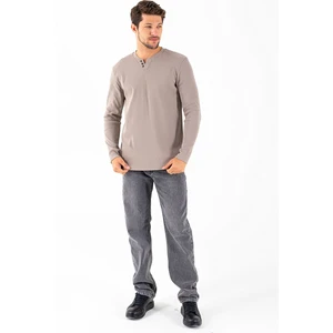 JB John Borners Erkek V Yaka Düğme Detaylı Dokulu Sweatshirt Taş - 5524