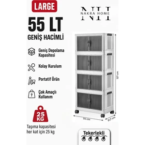 Nakra Home Katlanabilir 4 Katlı Tekerlekli Plastik Dolap – Çok Amaçlı Portatif Organizer (Geniş Hacim)