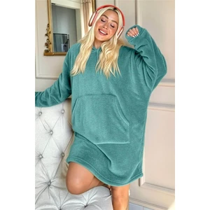 Pijama Evi Koyu Mint Kapşonlu Tam Peluş Oversize Sweat Panço Pijama
